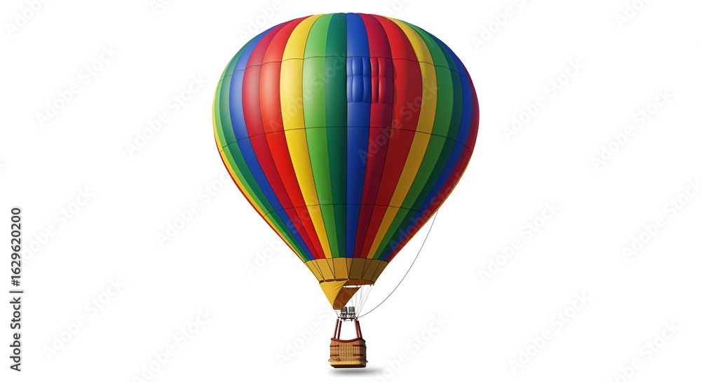 Naklejka premium A vibrant hot air balloon with colorful stripes isolated against a plain white background in studio shot