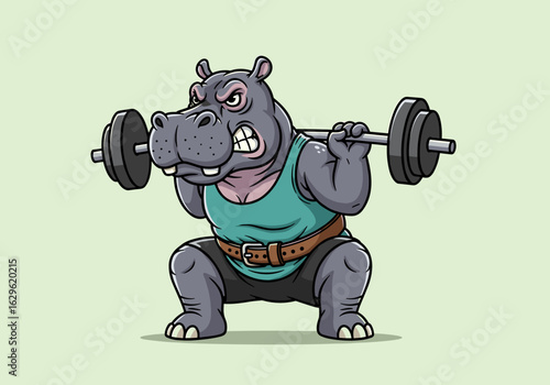 Cartoon Hippopotamus Lifting Weights in a Funny Gym Scene