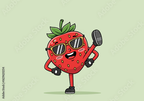 Playful Cartoon Strawberry Character Wearing Sunglasses and Dancing with Joyful Expression