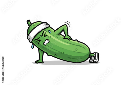 Cartoon Character of a Motivated Pickle Exercising in Sneakers and Wristbands
