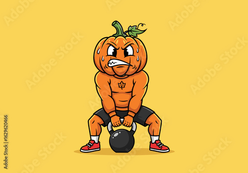 Muscular Pumpkin Character Weightlifting Kettlebell in a Vibrant Yellow Background