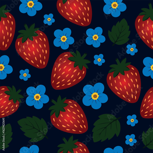 Strawberry pattern. Bright seamless pattern with strawberries and blue cornflowers on a dark background. Perfect for summer packaging, food, fabrics and wrapping paper
