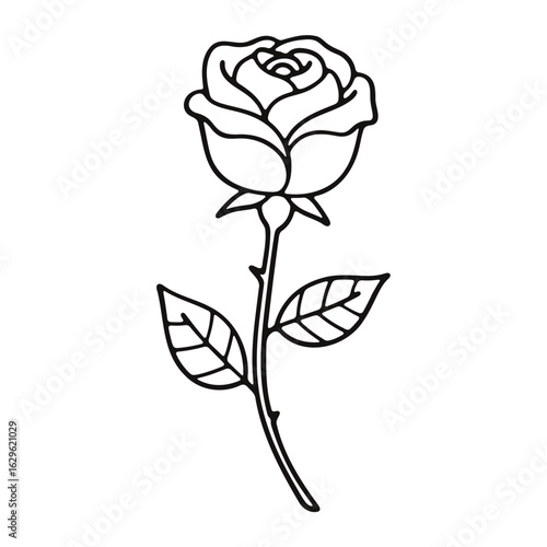 A simple line drawing of a rose with a stem and leaves in black and white for coloring book pages