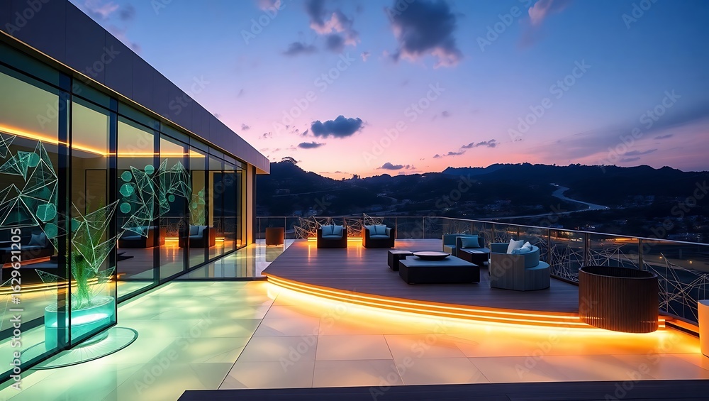 Obraz premium Futuristic luxury house terrace with smart glass, geometric patterns, and ambient tech glow