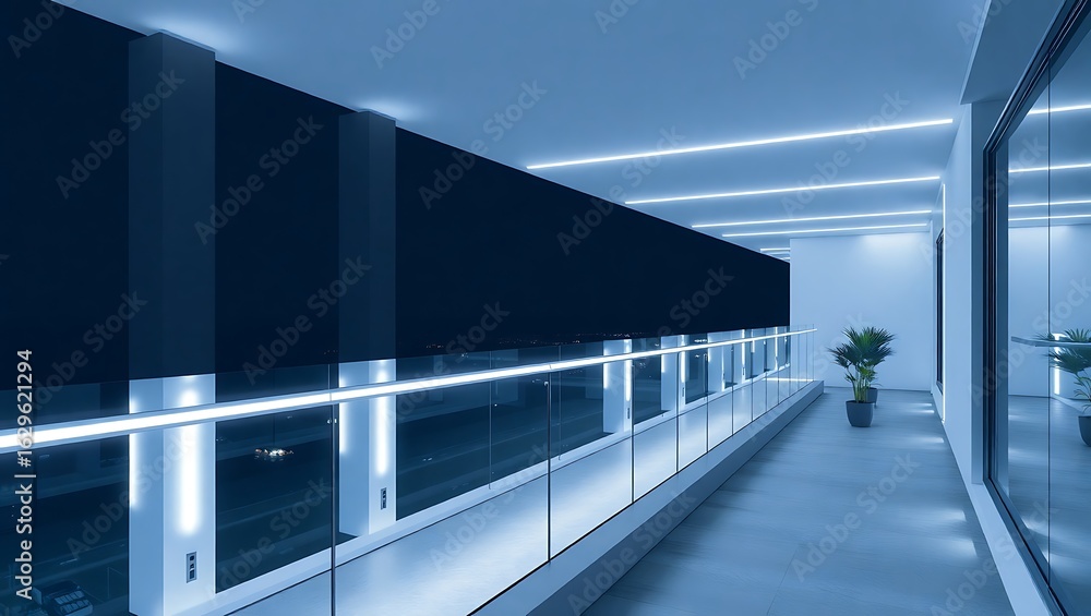 Obraz premium Futuristic minimalist terrace, LED strips, glass railing, gray-blue tones, night scene, 3D rendering