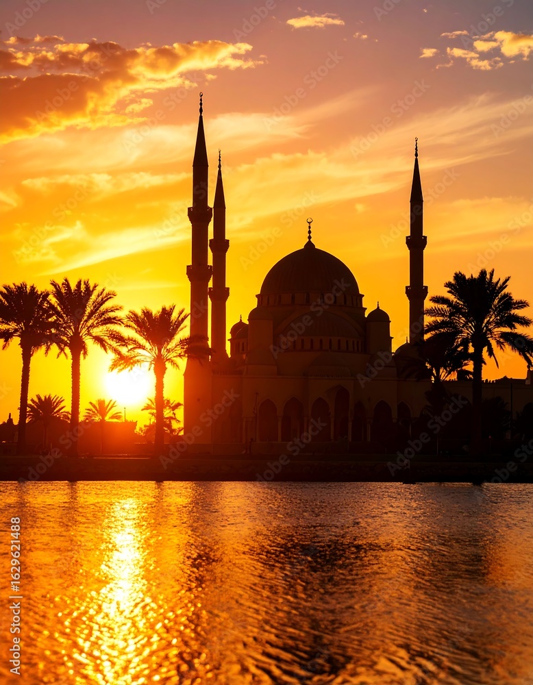 Naklejka premium Silhouette mosque sunset over water