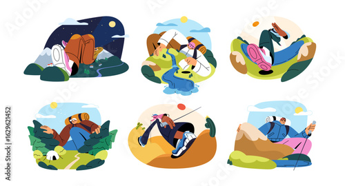 Giant people are hiking concept set. Hikers with backpacks are camping in mountains. Big tourists are trekking in rocks, travel in nature. Flat isolated vector illustrations on white background