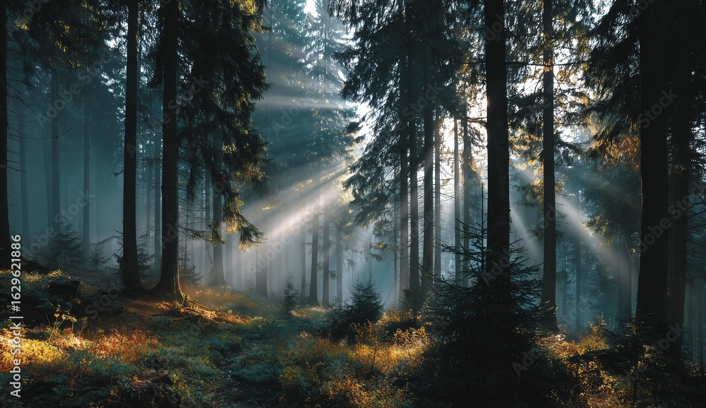 Fototapeta premium Ethereal misty forest with tall trees and sun rays shining through the fog at sunrise, tranquil nature landscape with soft light and atmospheric mood in the early morning woodland scenery