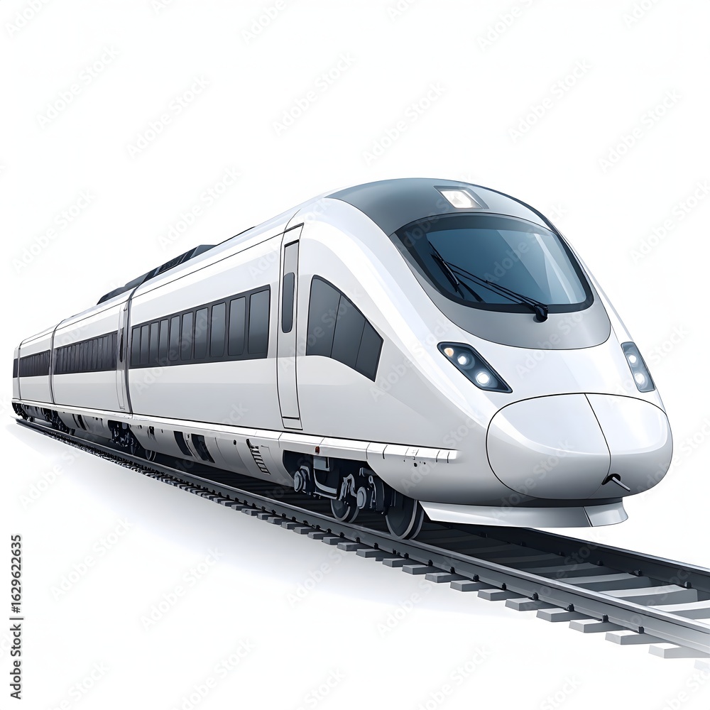 Naklejka premium A sleek, modern high-speed train is shown on its tracks. The train is white with dark windows and a streamlined design.