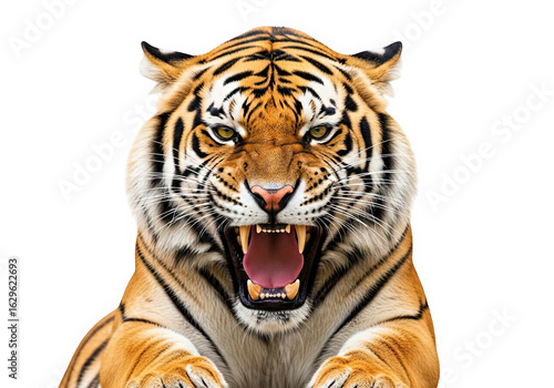 A closeup of a tigers face with its mouth open and teeth bared, isolated on a transparent background