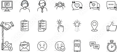 Vector art of a collection of handdrawn icons representing communication, feedback, and customer service, isolated on a white background transparent background