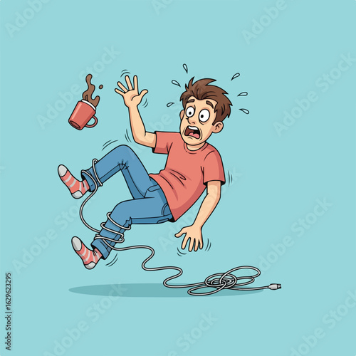 A shocked cartoon man tangled in a long cable, falling backwards and spilling coffee.