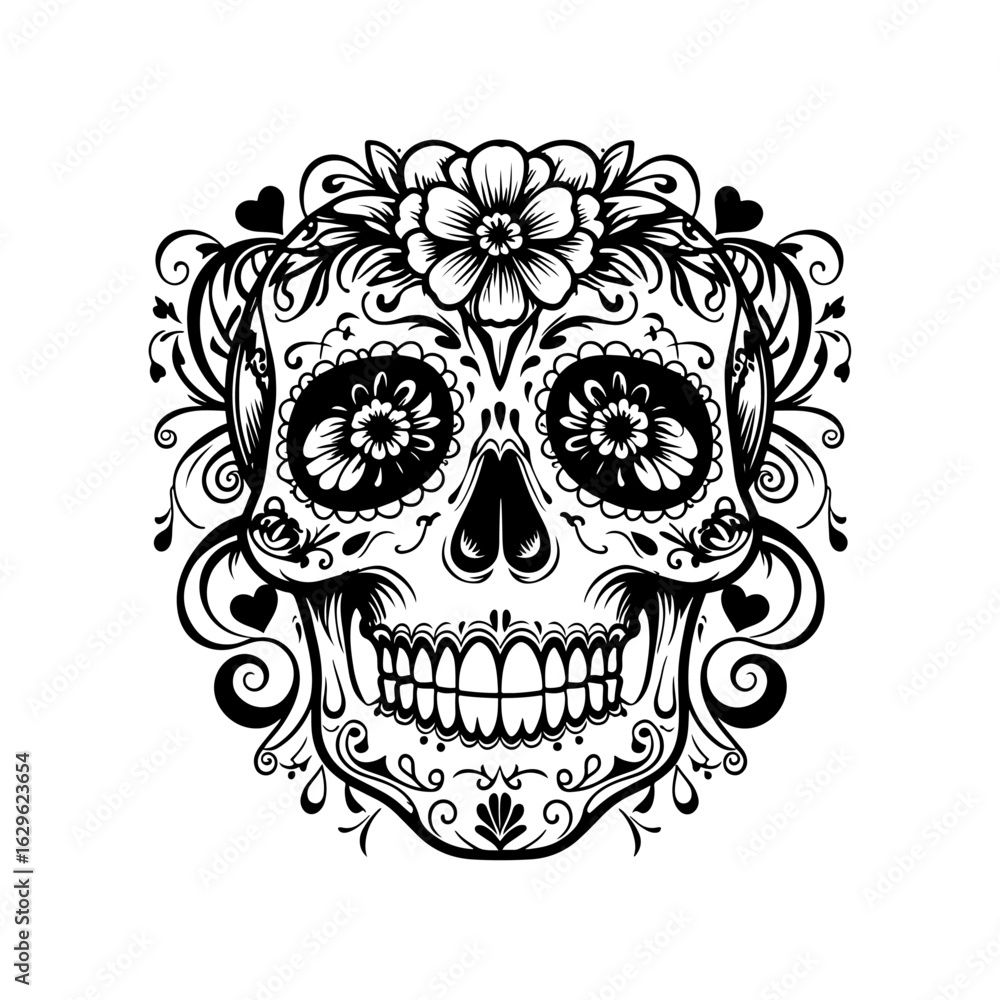Fototapeta premium Skull Of The Dead Vector Illustration Design.Mexican Floral Skull Vector illustration ,flowers, vine, leaves.Ornate floral skull design white intricate and symmetrical details.
