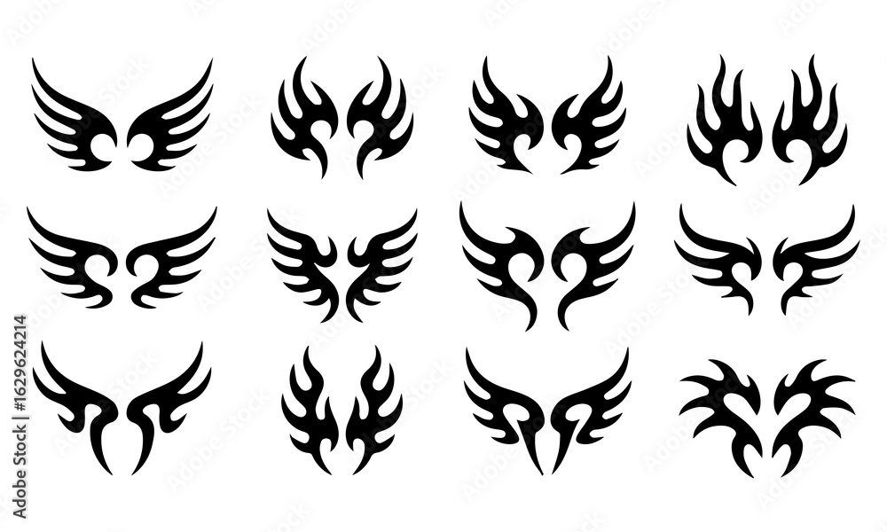Naklejka premium Acid Neo-tribal shapes. Abstract ethnic shapes in gothic style. Hand drawn modern elements for typography, tattoo, poster, cover. Vector illustration