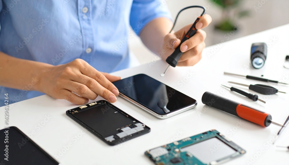Fototapeta premium A technician carefully repairs a disassembled smartphone on a white desk, surrounded by precision tools and components.