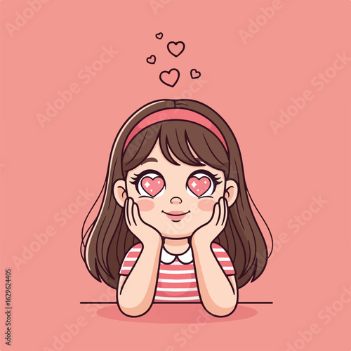 Cute cartoon girl with sparkling heart eyes, daydreaming and resting her chin on her hands in a loving pose.