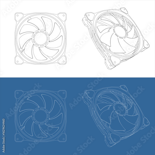 Computer Cooling Fan Blueprint - Front and Perspective Views