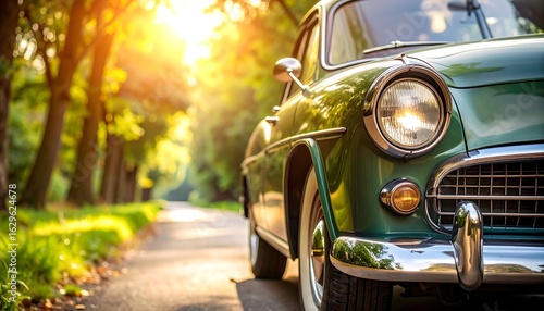 Vintage charm: A classic car basks in golden sunlight on a serene country road