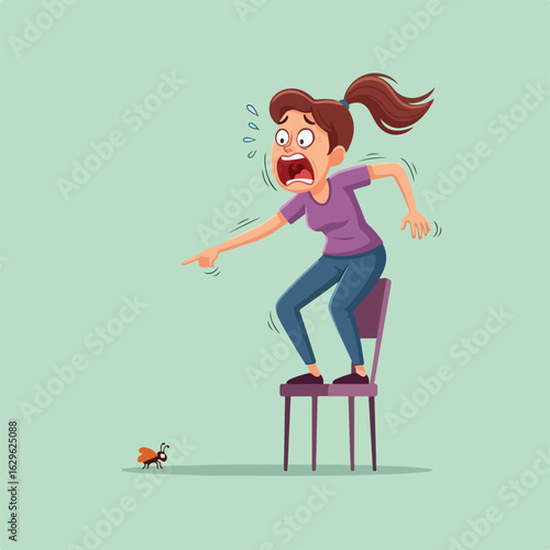 Terrified cartoon woman with a ponytail screaming while standing on a chair, pointing in fear at a small bug on the floor.
