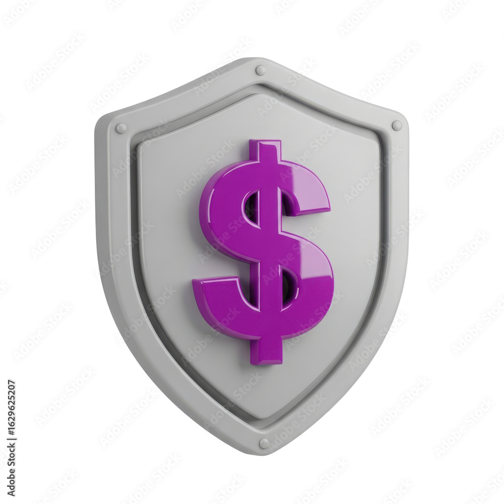 A vibrant purple dollar sign symbol prominently displayed on a stylized white shield representing financial security and protection isolated on transparent background A vibrant purple dollar sign symbol prominently displayed on a stylized white shield representing financial security and protection isolated on transparent background