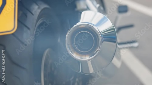 Shiny chrome motorcycle exhaust pipe emitting smoke and fumes after the powerful engine starts