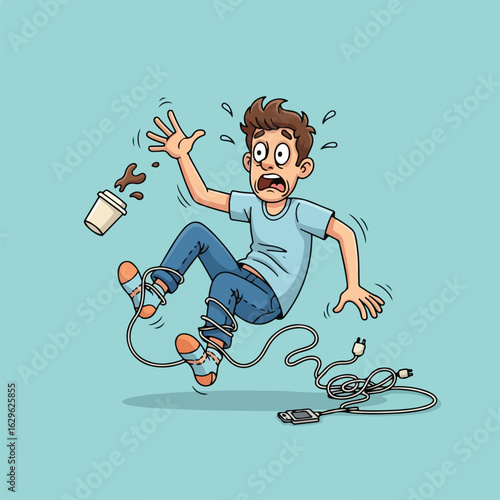A shocked cartoon man tripping over a long phone charger cable, falling and spilling coffee.