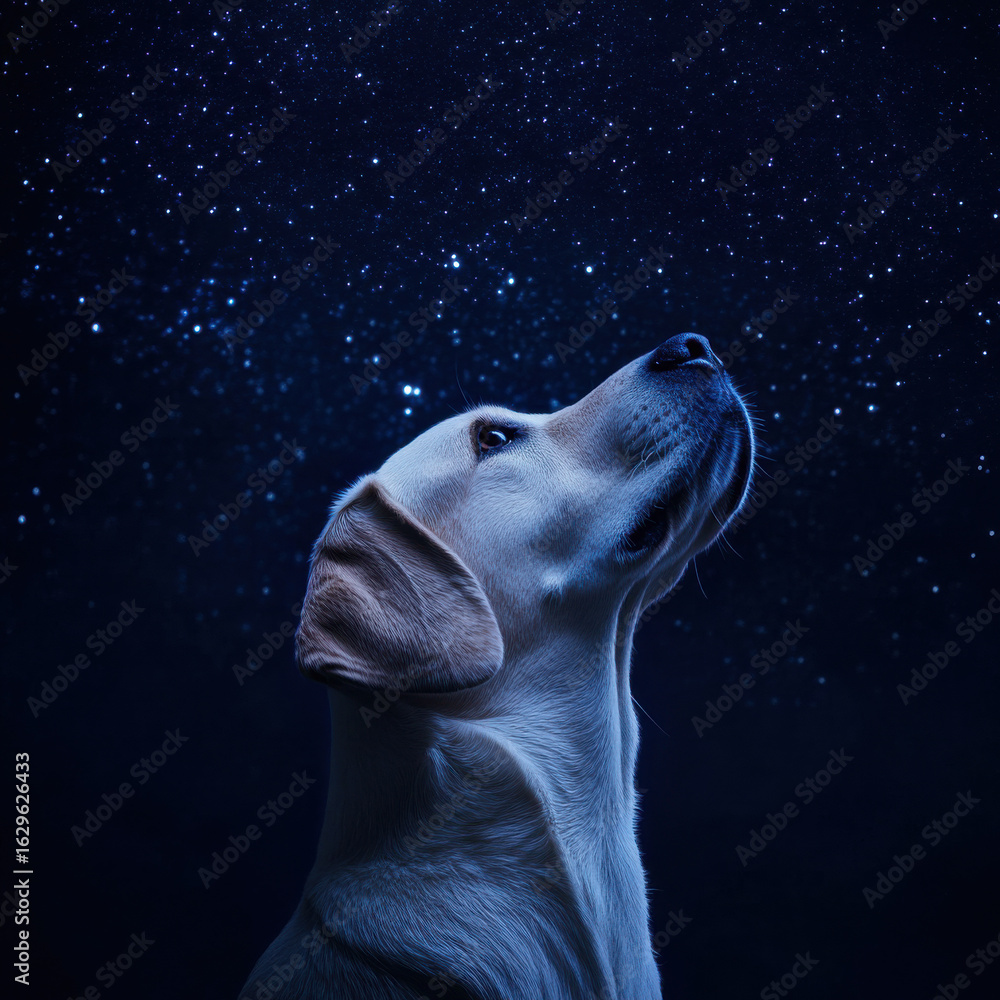 Fototapeta premium Labrador Retriever looking up at a starlit night sky, deep blue hues, peaceful and inspiring, UHD 8K 