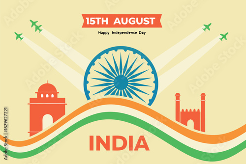 Digital illustration of Indian landmarks and flag colors with planes celebrating Independence Day 15th