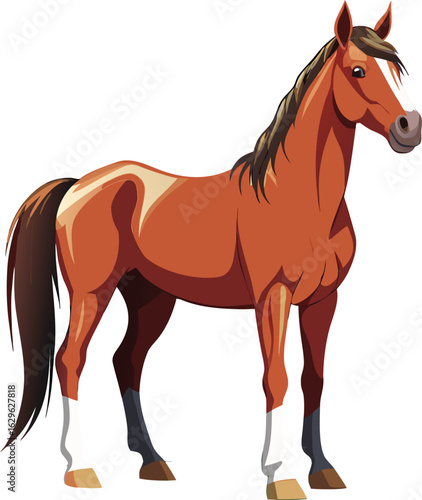 Beautiful brown mare with her white foal running on the farm pasture