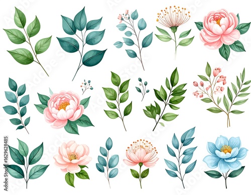 Watercolor Floral Set Illustration with Pink, Blue, and Green Flowers and Leaves