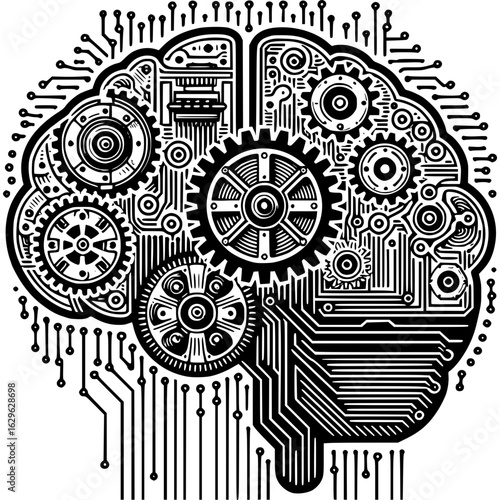 Mechanical Brain: Conceptual art showcases an intricate, mechanized brain illustration, merging technology and the human mind.