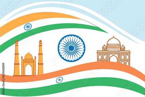 Indian flag colors with monuments and Ashoka Chakra tricolor saffron