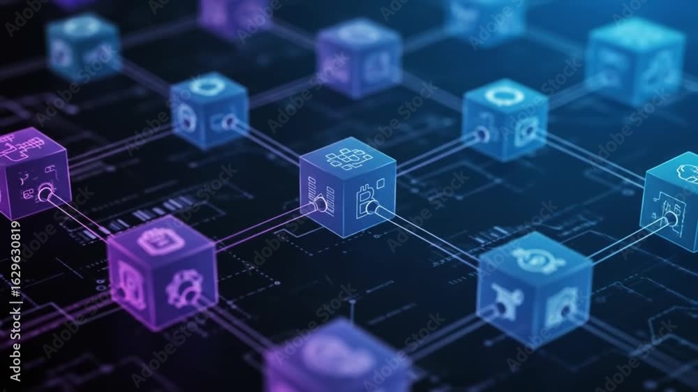 custom made wallpaper toronto digitalDigital network with connected cubes displaying various icons on a dark background