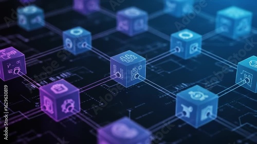 Wallpaper Mural Digital network with connected cubes displaying various icons on a dark background Torontodigital.ca