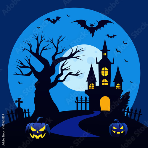 Happy Halloween Spooky Blue Vector Scene Background.