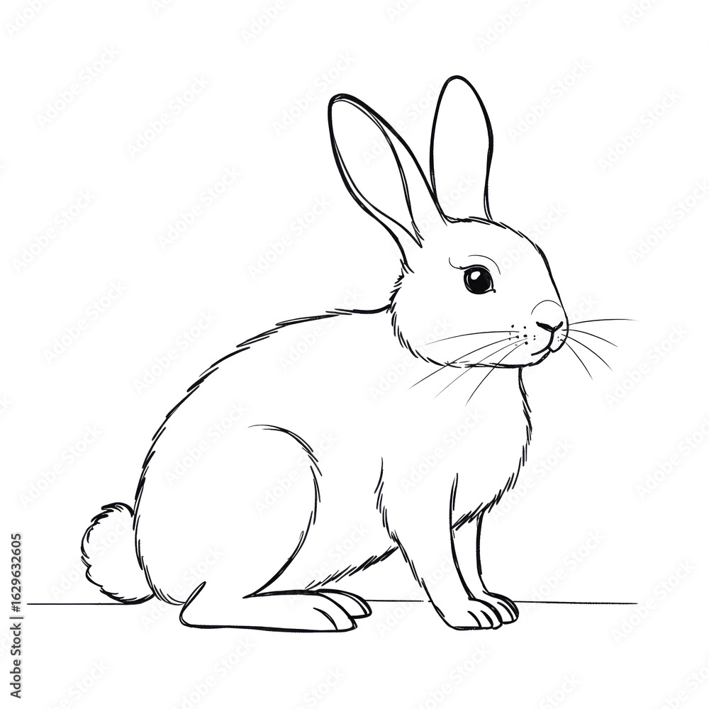 Fototapeta premium Simple linear sketch of a rabbit in a minimalist style, in black and white