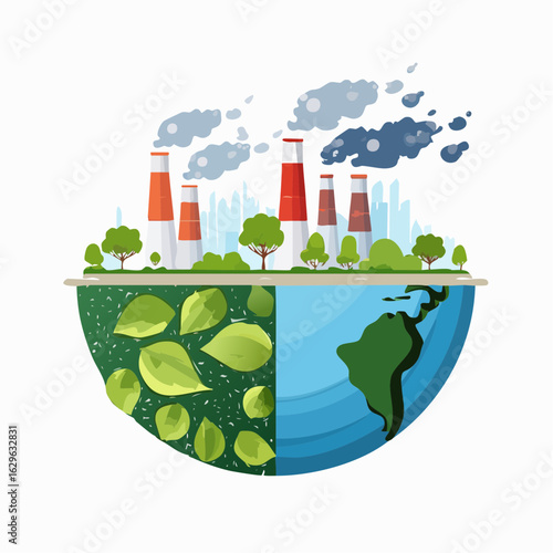 Vector art showing contrast between polluted and clean environments, split scene with smoke and trash vs. greenery and clean air