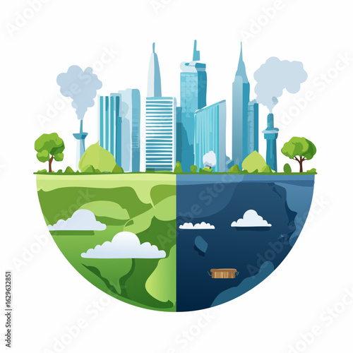 Vector art showing contrast between polluted and clean environments, split scene with smoke and trash vs. greenery and clean air