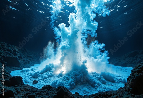 An underwater volcanic eruption or hydrothermal vent expelling glowing blue and white plumes