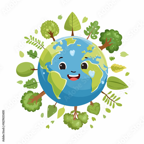 Cartoon-style vector illustration of Earth with a happy face surrounded by trees, animals, and clean water, save the planet theme