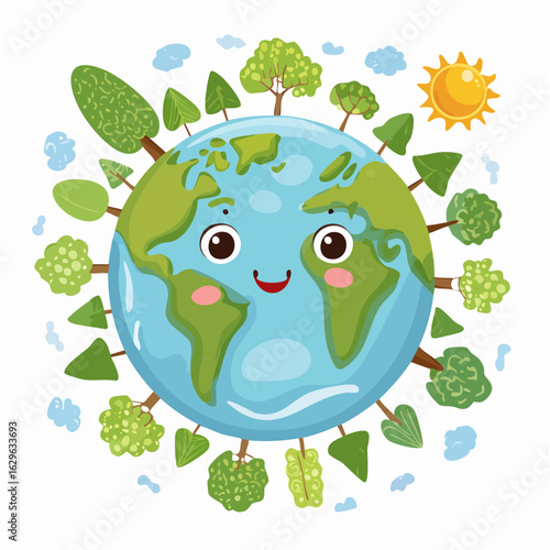 Cartoon-style vector illustration of Earth with a happy face surrounded by trees, animals, and clean water, save the planet theme