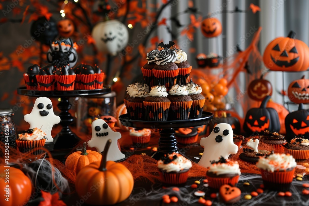 Naklejka premium Spooky halloween dessert table abundant with festive cupcakes and cheerful pumpkins along with charming ghost decorations creating fun celebration atmosphere