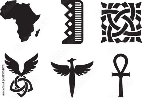 Africa map, comb, knot, winged symbols, and ankh icons