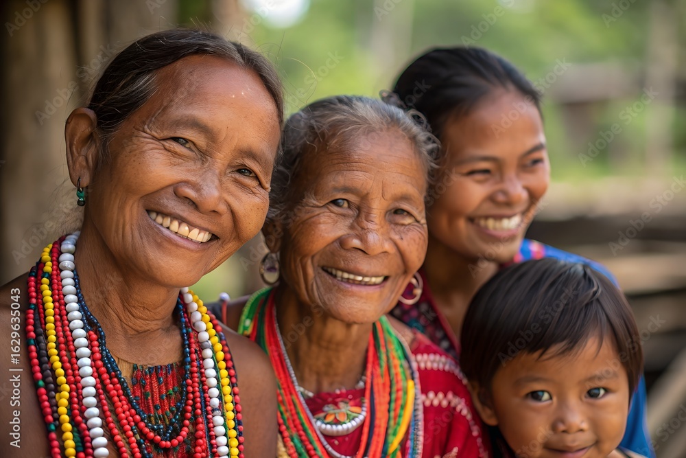 Three generations of smiling indigenous women and a child Three generations of smiling indigenous women and a child