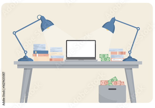 Overworked Desk Scene with Laptop, Documents, Lamps and Money