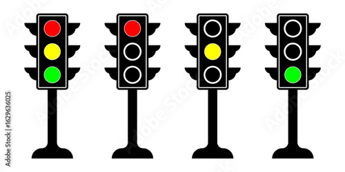 Traffic Light Icons with Red Yellow Green Signals in Flat Vector Style for Road and Safety Design