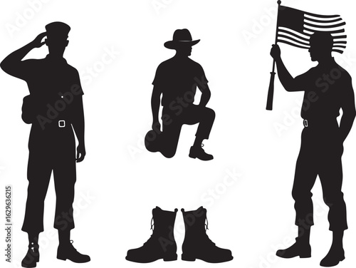 Patriotic heroes salute flag, honor fallen, boots represent sacrifice