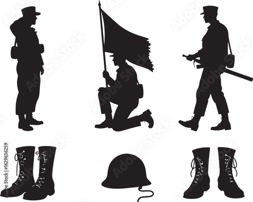 Soldiers honor flag; boots, helmet represent military service