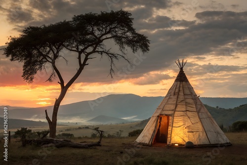 Illuminated native american teepee under a dramatic sunset sky
