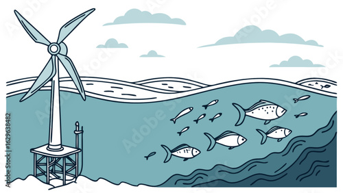 Offshore wind turbine farm illustration with fish in the ocean renewable energy source graphic design vector